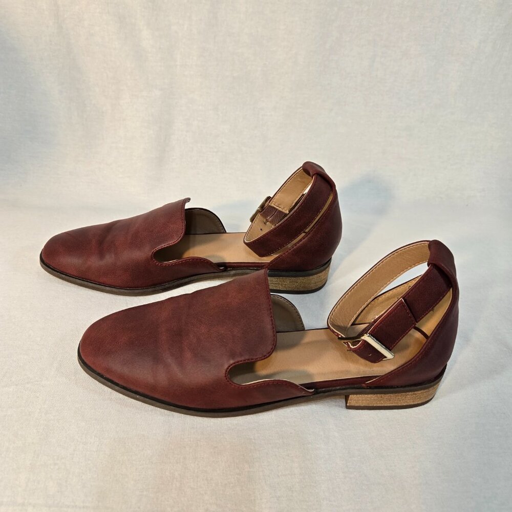 JOURNEE COLLECTION LORETA Wine Vegan Leather Ankle Strap Loafer Flat Shoe Size 8 - Picture 2 of 16